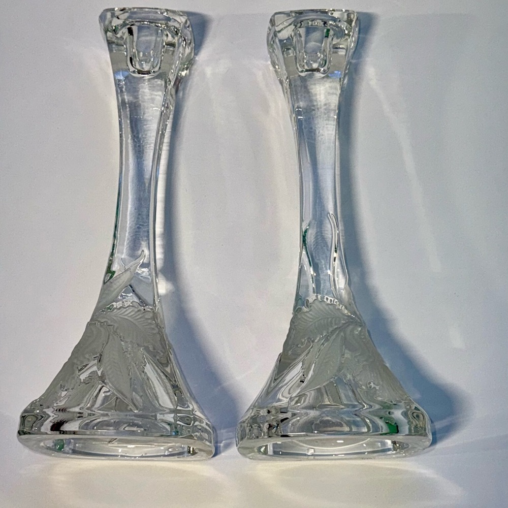 🇵🇱 Irena Poland 24% Lead Crystal 10" Candlestick Holder Pair - Etched Orchid - Picture 6 of 8